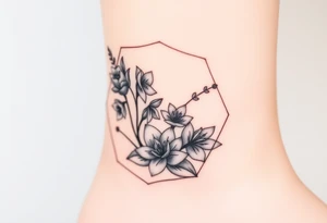 Hexagon Leo larkspurs and water lilies tattoo idea