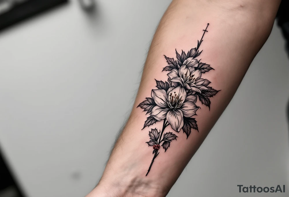 1 black band with roman numerals circuling near elbow and 1 black band lower forearm, both with roman numerals in them. between the black bands fill the space with narcissus flowers and holly tattoo idea