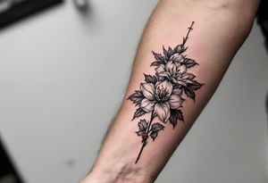 1 black band with roman numerals circuling near elbow and 1 black band lower forearm, both with roman numerals in them. between the black bands fill the space with narcissus flowers and holly tattoo idea