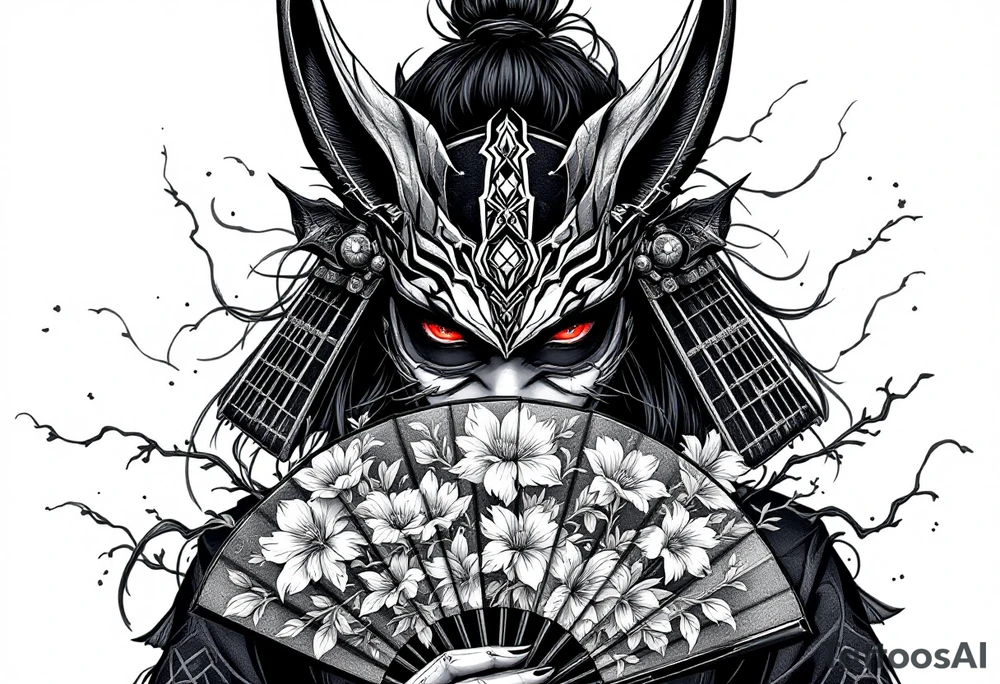Woman samurai with red eyes wearing an half and broken kitsune mask, holding a japanese fan with Sakura flowers tattoo idea