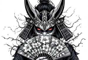 Woman samurai with red eyes wearing an half and broken kitsune mask, holding a japanese fan with Sakura flowers tattoo idea
