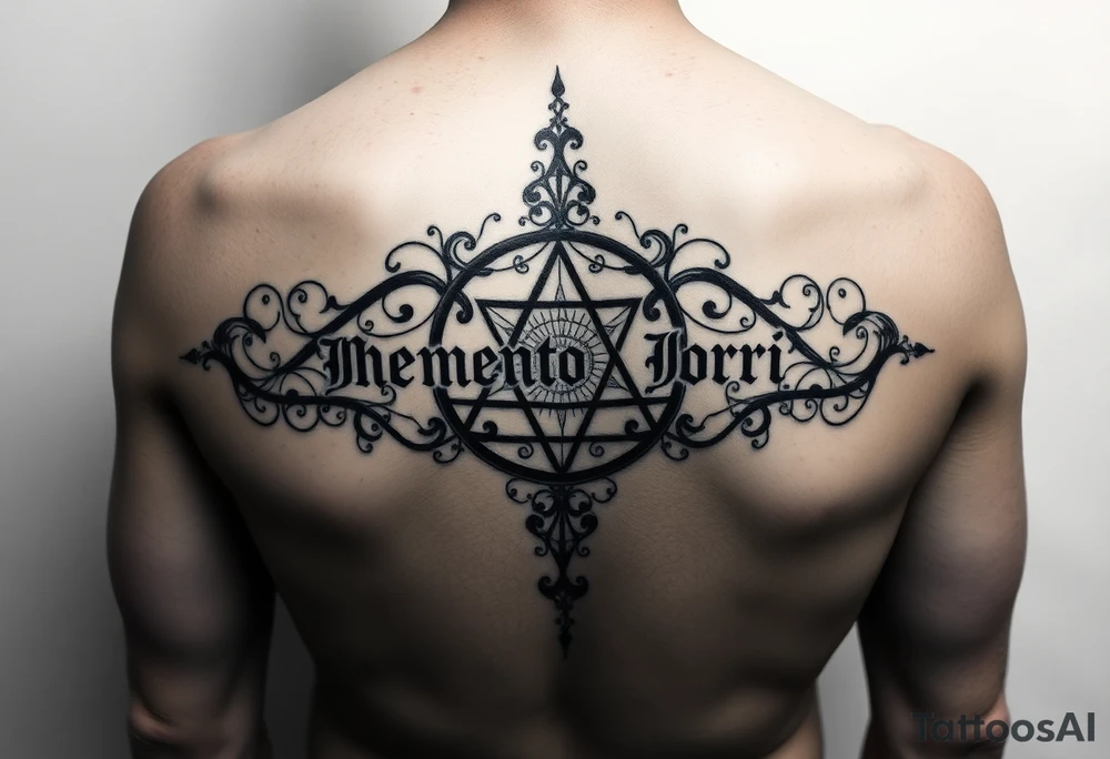 Can you please design a tattoo of an ambigram combining the phrase “memento mori” and “this shall pass” tattoo idea