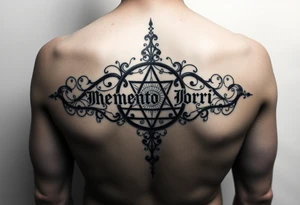 Can you please design a tattoo of an ambigram combining the phrase “memento mori” and “this shall pass” tattoo idea