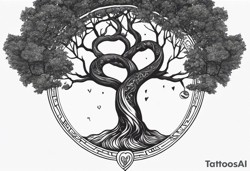 Micro realism tattoo design featuring the helix merging into the tree of life. With my zodiac sign libra holding the brain and heart on each side of the scale with the heart out weighing the brain tattoo idea