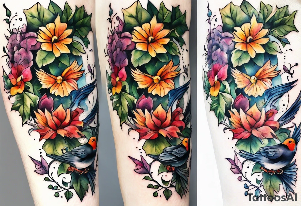 ivy sleeve with birds and barbs tattoo idea
