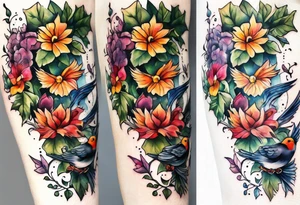 ivy sleeve with birds and barbs tattoo idea