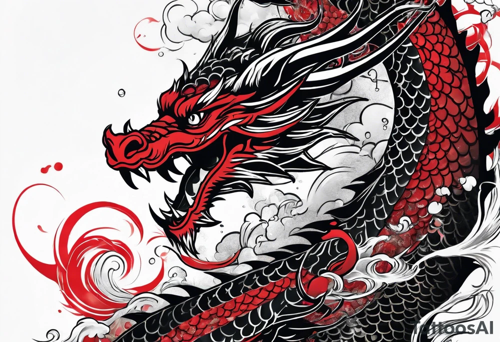 dragon irezumi arm sleeve in black and red with water and lightning tattoo idea