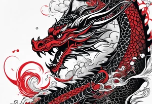 dragon irezumi arm sleeve in black and red with water and lightning tattoo idea