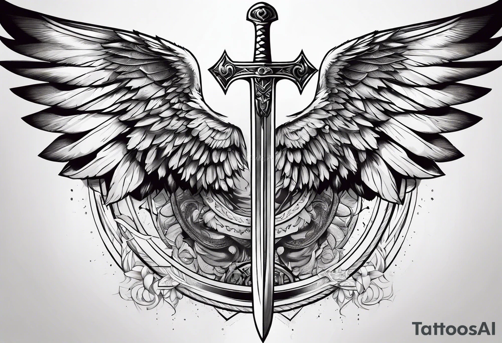 wings spread apart with a sword down the middle tattoo idea