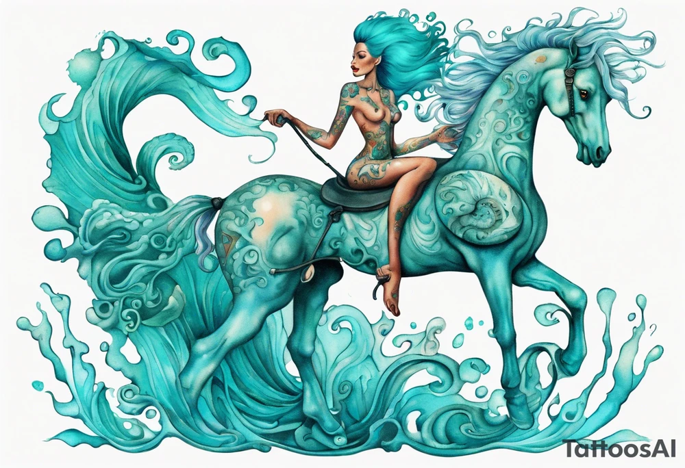 a tall woman made of water with turquoise hair riding a seahorse tattoo idea