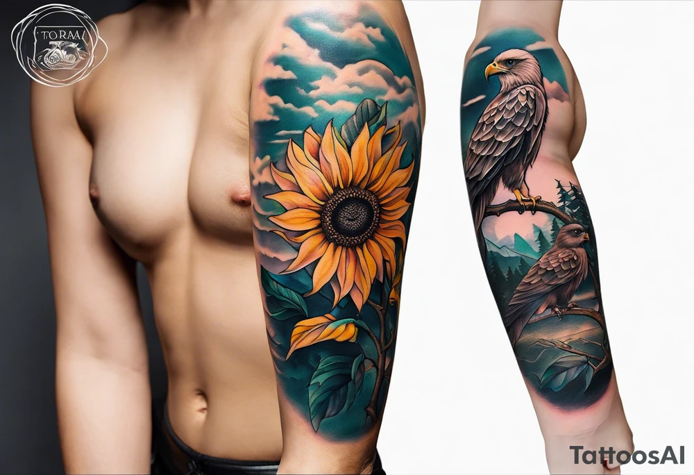 Small norma arm tattoo. Black kite (Daya's name), nature (trees/sea), small sunflower. Soft colours tattoo idea