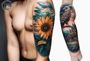 Small norma arm tattoo. Black kite (Daya's name), nature (trees/sea), small sunflower. Soft colours tattoo idea
