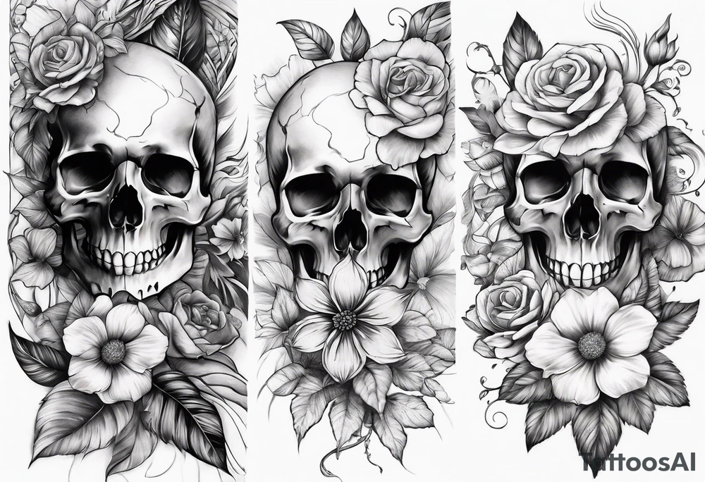 sleeve skulls and flowers tattoo idea