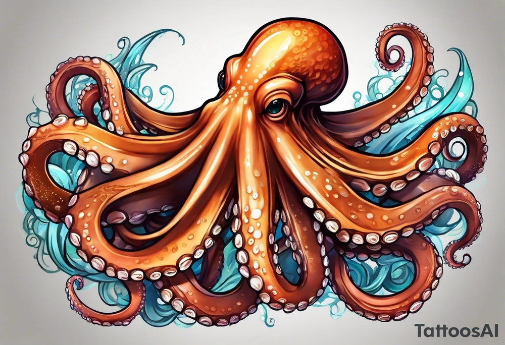friendly looking, large and long octopus with multiple tentacles and suckers  that would be designed to drape around an arm tattoo idea