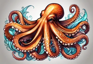 friendly looking, large and long octopus with multiple tentacles and suckers  that would be designed to drape around an arm tattoo idea