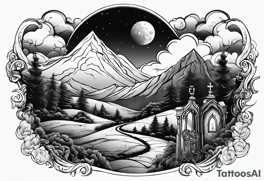 Graveyard with moon and smoke  on hills with clouds tattoo idea