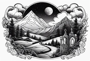 Graveyard with moon and smoke  on hills with clouds tattoo idea