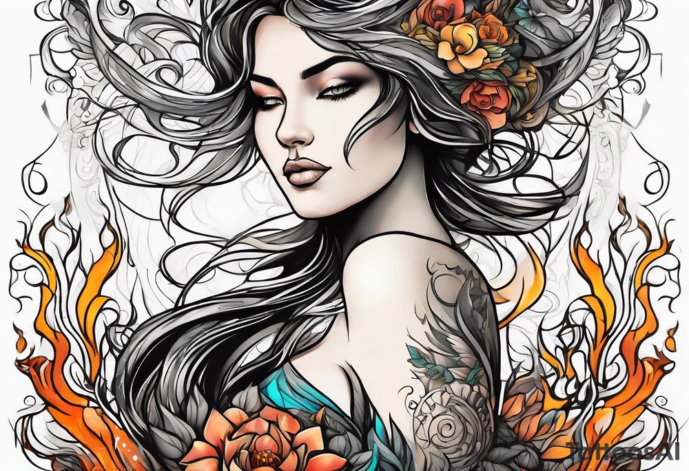 Resurrection strength and courage Beautiful Woman walking through fire and chaos to inner peace and self-love  ethereal tattoo idea