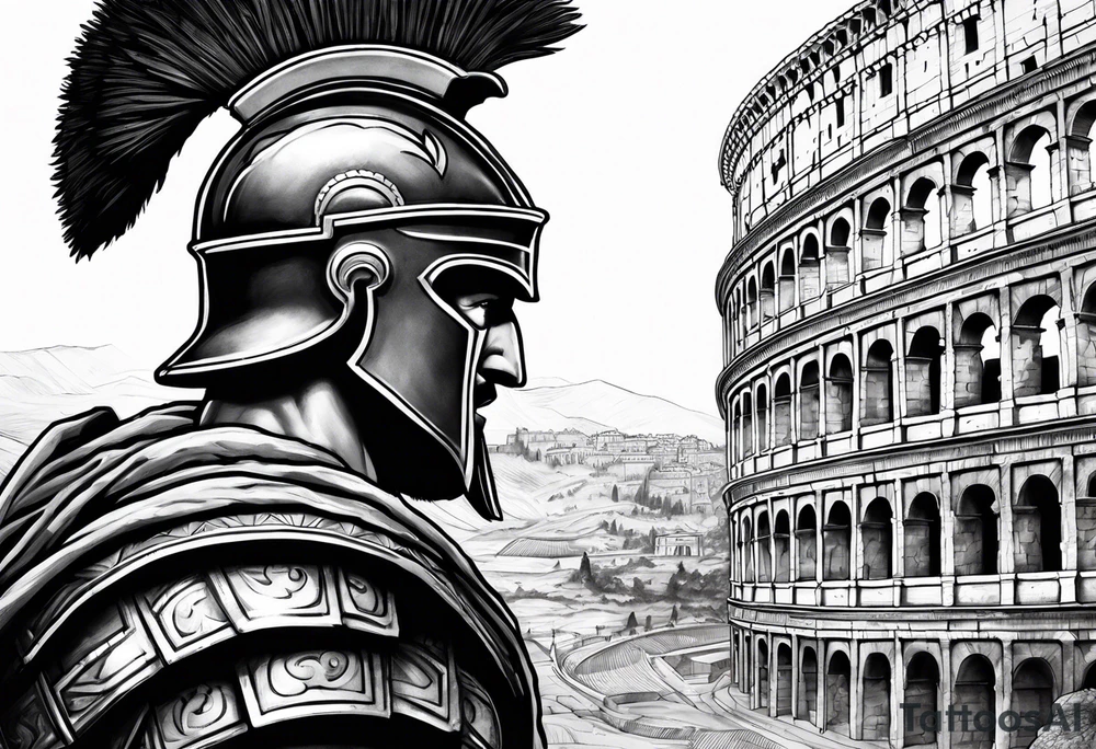 Side profile of spartan soilder looking at Roman city tattoo idea