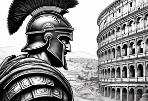Side profile of spartan soilder looking at Roman city tattoo idea