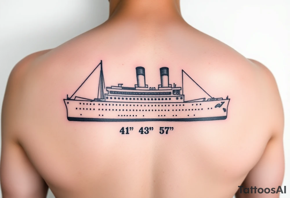 Ship image of Titanic with coordinates 41 43' 57" N 49 56' 49" W tattoo idea