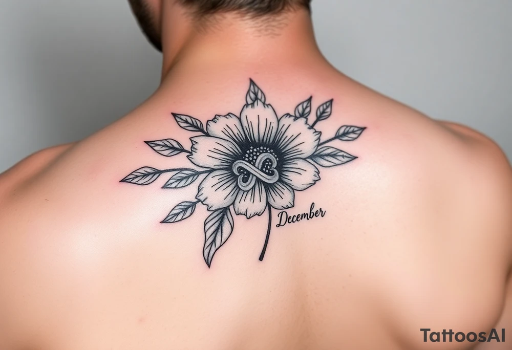 January and December Flower with infinity sign and two names tattoo idea