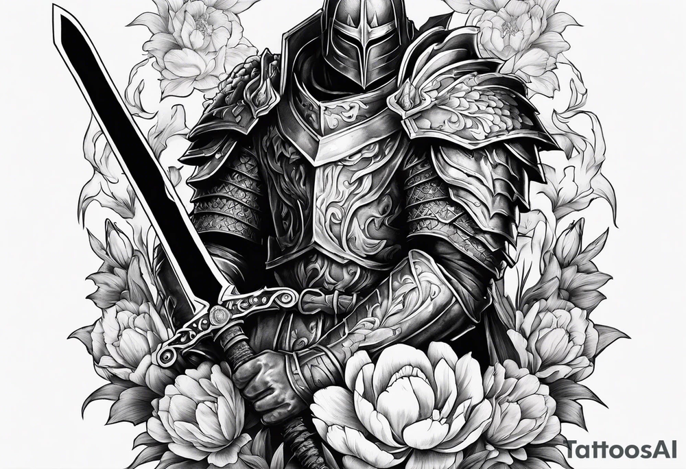 a berserk theme tattoo of guts with his sword on a land of flowers - tulips and peonys tattoo idea