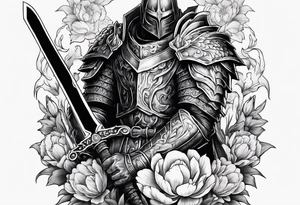 a berserk theme tattoo of guts with his sword on a land of flowers - tulips and peonys tattoo idea