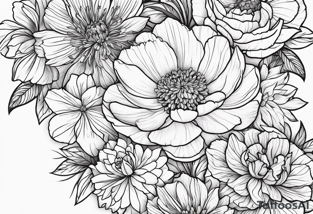 make me a black and white artwork that has one of each following flowers peony, carnation, daffodil, daphne, dahlia, desiree, daisy and rose tattoo idea