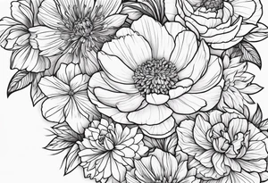 make me a black and white artwork that has one of each following flowers peony, carnation, daffodil, daphne, dahlia, desiree, daisy and rose tattoo idea