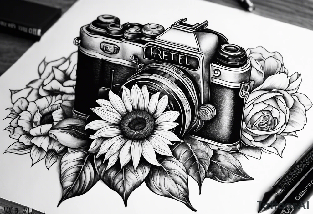 Butterfly, sunflower, camera, book, flower rose tattoo idea