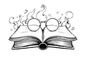 Open hard back book. large round glasses floating reading it tattoo idea