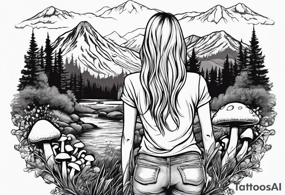 Straight long blonde hair hippie girl in distance holding mushrooms in hand facing away toward mountains and creek surrounded by mushrooms tee shirt and hiking pants tattoo idea