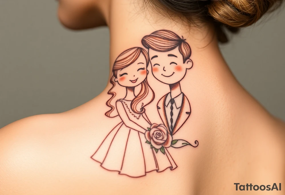 A softly shaded vintage-style illustration of a bride and groom, with sepia tones for an old-world charm tattoo idea