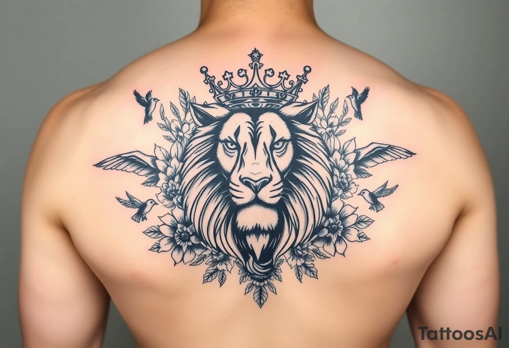 powerful majestic lion with a crown, surrounded by floral ornaments and birds tattoo idea