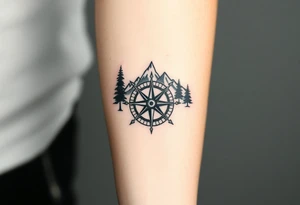 Nature including a compass as the centerpiece with mountains and trees in the background tattoo idea