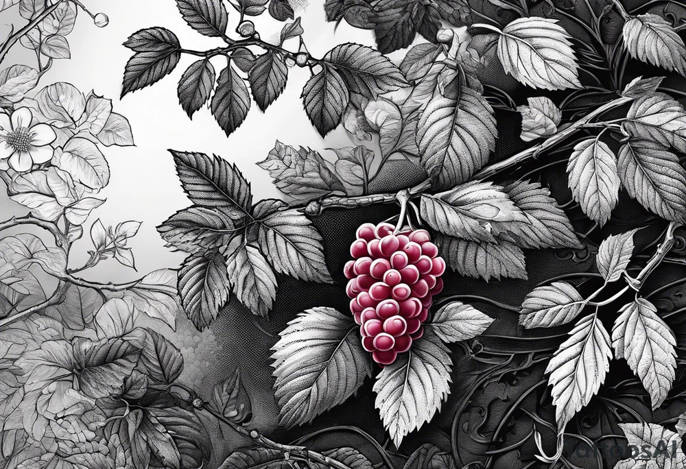 a long raspberry branch that focuses on line work. Includes a small signature in the branch that says "Popkin" tattoo idea