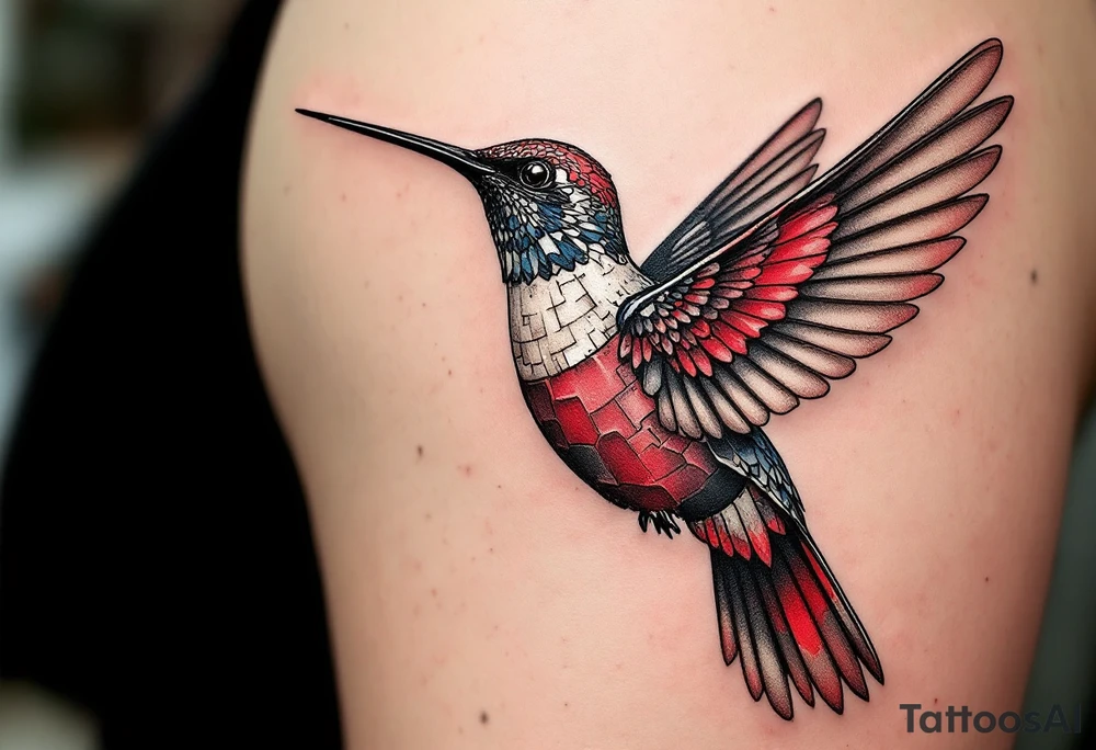 A hummingbird with one side appearing normal and the other side carved in Egyptian stone (red and black only) tattoo idea