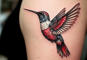 A hummingbird with one side appearing normal and the other side carved in Egyptian stone (red and black only) tattoo idea