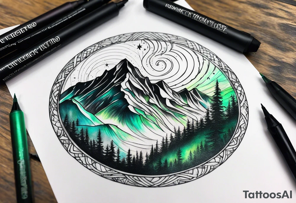 northern lights mountain circle shaped tattoo idea