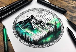 northern lights mountain circle shaped tattoo idea