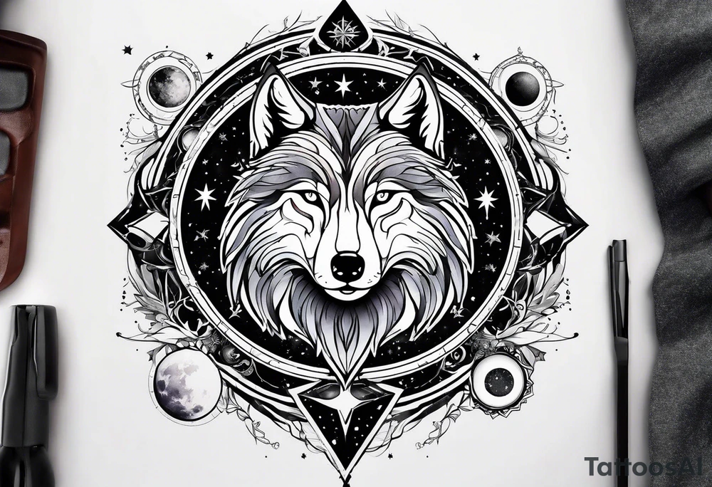 a tattoo sleeve with: A yin yang, A compass, A geometric wolf, A galaxy scene with planets and stars. tattoo idea