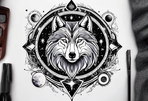 a tattoo sleeve with: A yin yang, A compass, A geometric wolf, A galaxy scene with planets and stars. tattoo idea