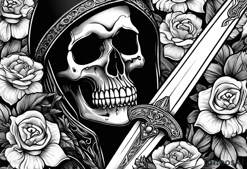 Skull with a sword going thru chin thru top of head with flowers around the sword tattoo idea