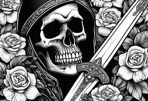 Skull with a sword going thru chin thru top of head with flowers around the sword tattoo idea