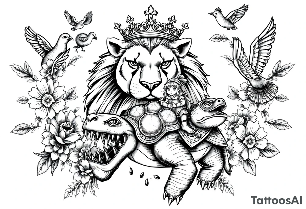 powerful majestic lion with a crown, surrounded by floral ornaments and birds an angry turtle with huge teeth and a tiny hobbit like person riding on the back tattoo idea