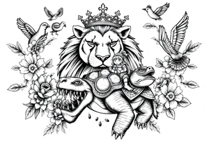 powerful majestic lion with a crown, surrounded by floral ornaments and birds an angry turtle with huge teeth and a tiny hobbit like person riding on the back tattoo idea
