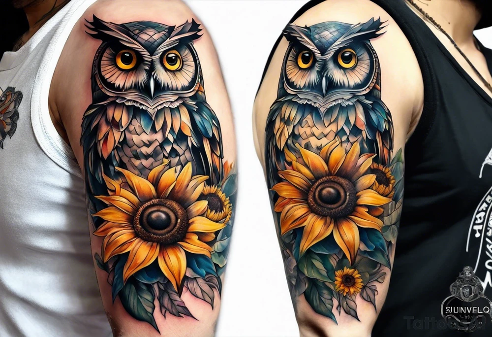 Sleeve with owl, sunflower and butterfly tattoo idea