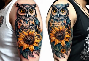 Sleeve with owl, sunflower and butterfly tattoo idea