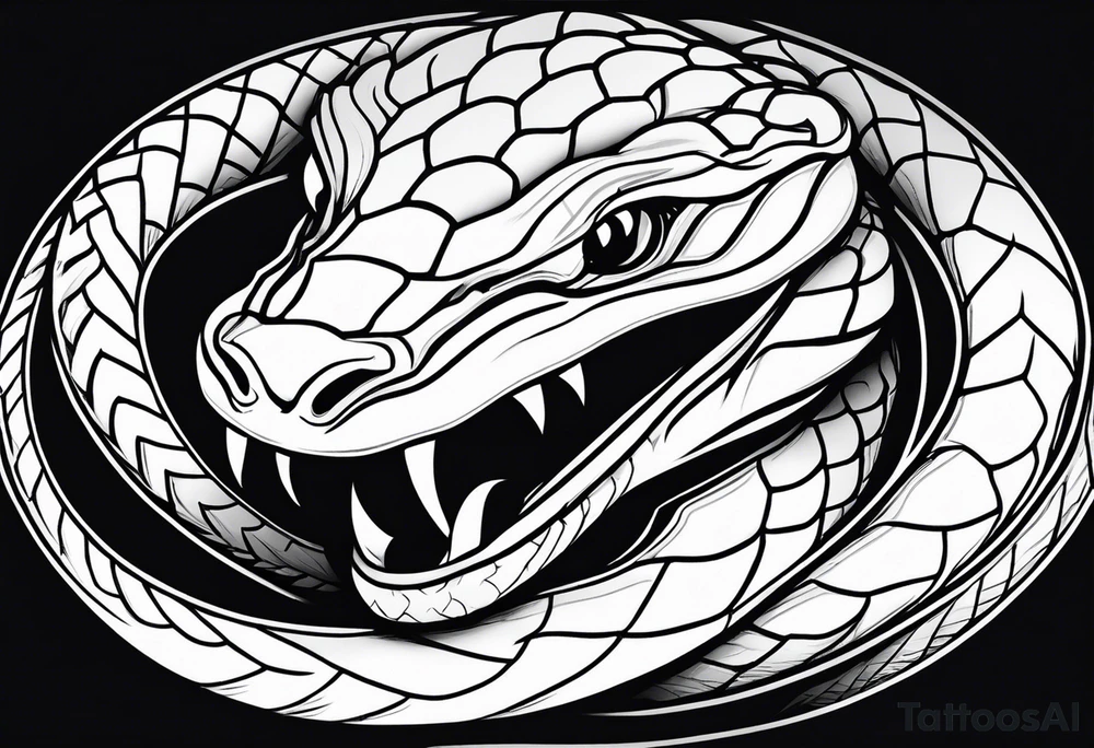 Copperhead coiled up with head turned up and mouth open and copper colored eyes tattoo idea